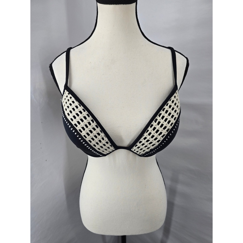 Victorias Secret The Fabulous Bikini Top Black Cream Crochet Whipstitch 36D